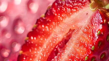 Poster - A close-up of a strawberry sliced in half to reveal its vibrant red interior and tiny seeds, with a clean, soft-colored background to emphasize its freshness.