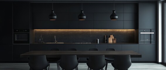 Poster - A large kitchen area with modern interior design, with wood tables and chairs against a dark classic background, Stock