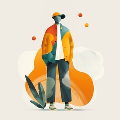 Stylish character in vibrant attire surrounded by abstract shapes and greenery, showcasing modern fashion and creativity.