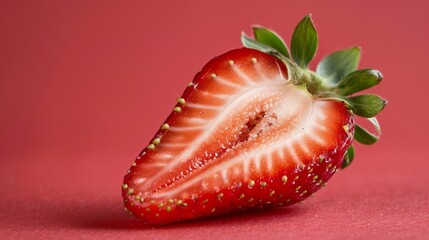Poster - A close-up of a strawberry sliced in half to reveal its vibrant red interior and tiny seeds, with a clean, soft-colored background to emphasize its freshness.