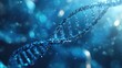 © Nathan - Close-up view of a blue DNA double helix structure shimmering against a blurred background, symbolizing genetics and biological research.