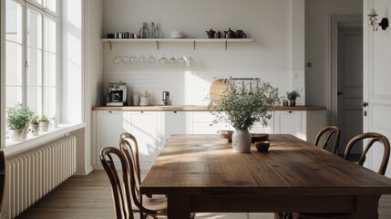 Wall Mural - Minimalist minimalist kitchen with white and wooden details, luxury kitchen interior in white