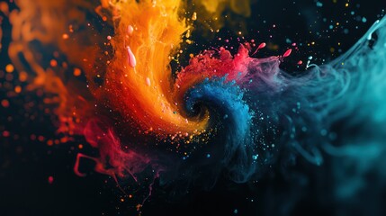 A vibrant swirl of orange, pink, and blue ink creates a mesmerizing visual effect against a dark background.