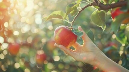 Poster - Hand picking a fresh apple from tree in plantation farm orchard