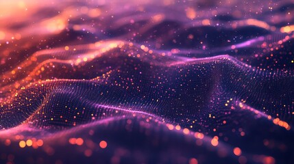 Wall Mural - A mesmerizing abstract landscape of shimmering particles in hues of purple and orange, creating a dreamy, ethereal atmosphere.