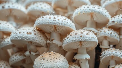 A detailed shot of a field of mushrooms with varied textures and colors, including white button and portobello mushrooms, against a soft, neutral background.