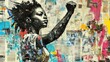 © Nathan - A powerful Black woman raises her fist in solidarity against a vibrant backdrop of mixed media, symbolizing strength and resilience.