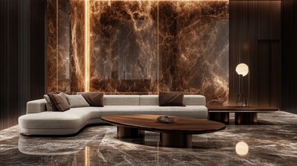 Poster - The main concept of this modern living room design is a marble wall with contemporary natural elements in the center.