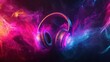 © Nathan - A pair of stylish headphones surrounded by vibrant, swirling colors of pink and blue smoke, creating a captivating music-themed atmosphere.