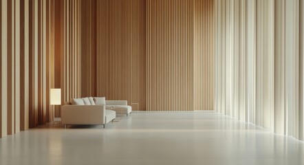 The interior 3D rendering shows a contemporary living room with vertical wood pattern walls, white furniture and a lamp.