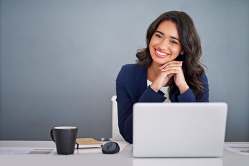 confidence, space or businesswoman in portrait on laptop for consulting online, research or policy r