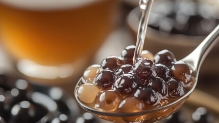 A close-up of bubble tea pearls in a spoon, with the cup of tea in the background.