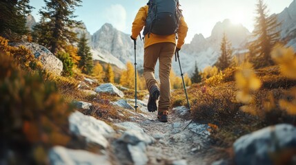 Wall Mural - Hiker with trekking poles ascending a mountain path