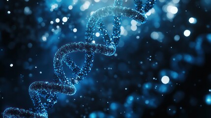 Wall Mural - A mesmerizing close-up of DNA strands illuminated in blue hues, set against a backdrop of sparkling particles, symbolizing genetic research.