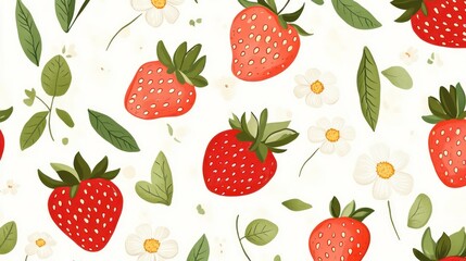 Wall Mural - A vibrant and playful pattern featuring fresh strawberries, green leaves, and delicate white flowers against a light background.