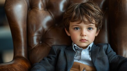 Poster - A young boy is sitting in a chair wearing a suit and tie