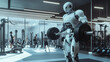 © Nata - A robot is lifting a barbell in a gym. The robot is white and has a black helmet. There are several other people in the gym, some of whom are also lifting weights