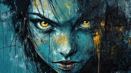 A striking portrait of a young woman with intense yellow eyes, set against a vivid blue background, showcasing powerful graffiti artistry.