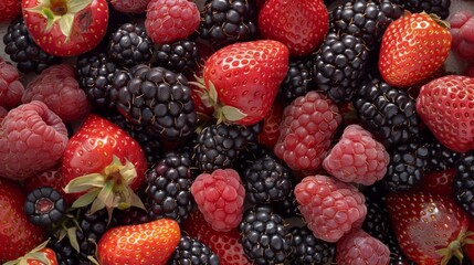 Wall Mural - A lush spread of mixed berries with a focus on their rich textures and vibrant colors, including clusters of blackberries, raspberries, and strawberries against a light background.