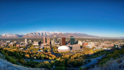 A panoramic photo of the Salt Lake City skyline with mountains