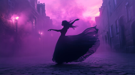 A woman in a purple dress is dancing on a cobblestone street