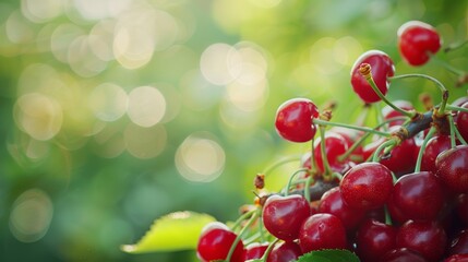 Wall Mural - A vibrant, high-resolution background filled with a bountiful arrangement of ripe, red cherries against a blurred green backdrop