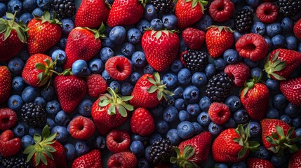 Wall Mural - A visually appealing spread of assorted berries with a focus on the bright red of strawberries, the deep blue of blueberries, and the rich tones of blackberries, set against a plain background.