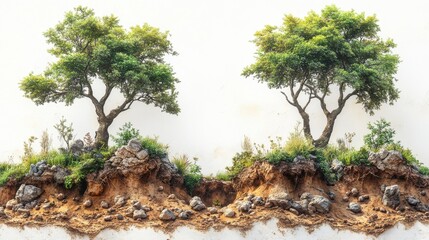 Seamless clipart depicting deforestation with a focus on the destruction of natural landscapes, featuring barren ground and uprooted trees on a white background.