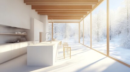 The kitchen of the classic villa in a loft contains big panoramic windows looking out onto a winter meadow, and the entire interior has a minimalist white style