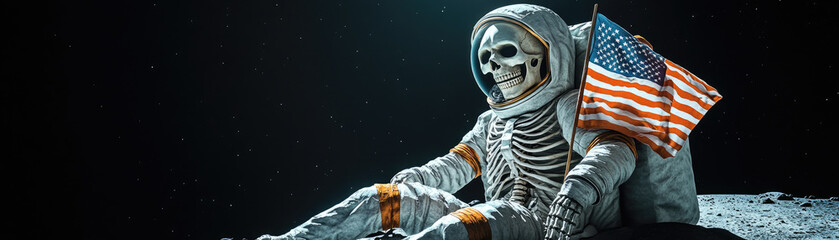 skeleton astronaut seated on the moon holding an american flag, highlighting a surreal blend of spac