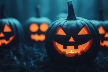 Glowing pumpkin faces illuminate a shadowy Halloween night, creating a festive and eerie atmosphere filled with playful fright and seasonal charm.