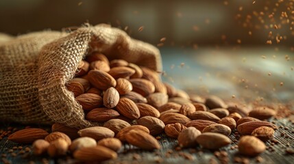 Almonds spilling out of a burlap sack onto a rustic surface