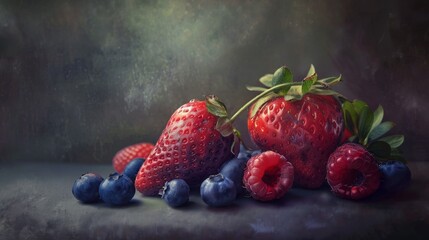 Wall Mural - An artistic close-up of a berry assortment featuring strawberries, raspberries, and blueberries, captured with emphasis on the freshness and vibrancy of the fruit.