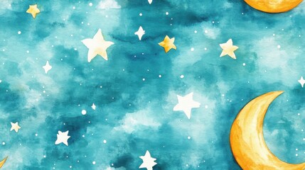 Seamless watercolor cartoon of the yellow moon and white stars in a light blue sky, bright and inviting