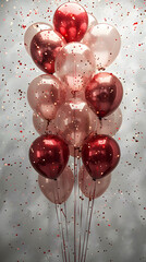 Wall Mural - Close-up 3D Chrome Gold, Red, White Balloons for Weddings and Holidays, Isolated on a White Wall Background with Confetti, Copy Space for Text. Portrait Design for Web Banner. HD Mobile Wallpaper