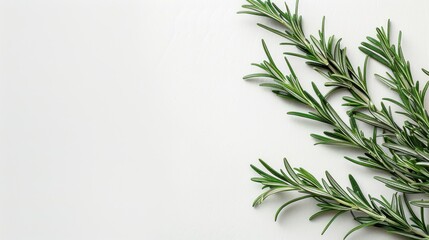 Bunch of rosemary sprigs placed diagonally on a clean, white surface to emphasize the simplicity and beauty of the herb