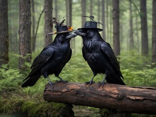 two ravens in witches' hats perched on a log in a whimsical nature scene