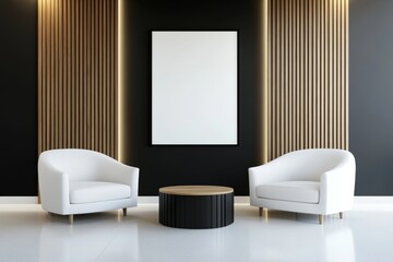 Wall Mural - Modern living room with a minimalist millennium crib style ceiling, black and gold furniture, black and gold walls, and a high ceiling.