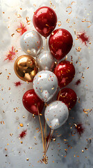 Wall Mural - Close-up 3D Chrome Gold, Red, White Balloons for Weddings and Holidays, Isolated on a White Wall Background with Confetti, Copy Space for Text. Portrait Design for Web Banner. HD Mobile Wallpaper