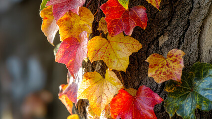 Wall Mural - Colorful autumn leaves climbing a tree trunk in a wooded area showcasing the beauty of fall foliage