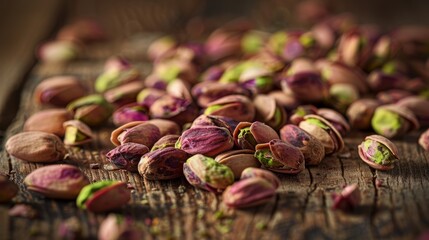 Wall Mural - Close-up of shelled pistachio nuts scattered on a wooden surface, highlighting their vibrant green and brown hues.