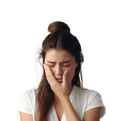 Young woman with a migraine holding her head with hands, eyes closed in discomfort, isolated on transparent background