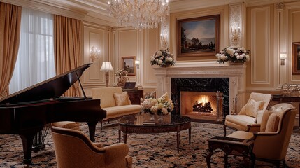 Wall Mural - A refined classic parlor with ornate wainscoting, a grand piano