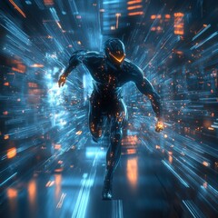 Wall Mural - A futuristic superhero runs through a digital space