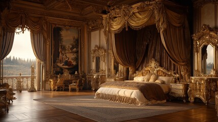 Wall Mural - A luxurious bedroom with a grand four-poster bed draped in rich velvet curtains, gilded furniture