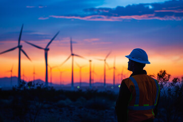 Wall Mural - Worker Silhouetted Against Wind Farm Sunset