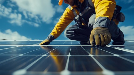 Close up of man technician in work gloves installing stand-alone photovoltaic solar panel system under beautiful blue sky with clouds. concept of alternative energy and power sustainable resources.