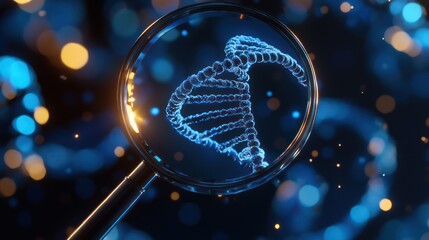 Wall Mural - A close-up view of a DNA helix under a magnifying glass, showcasing intricate details with a blue, glowing background.