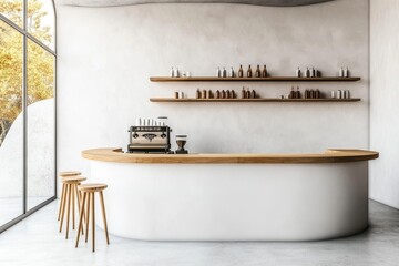 The interior design of a cafe or coffee shop is in a clean minimalist style and decorated in warm, relaxing, white tones with a round ivory white counter and coffee machines.