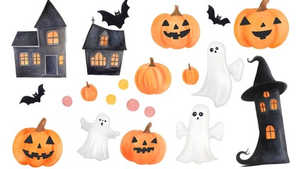 Watercolor Halloween Clipart with Pumpkins Ghosts Witches and Haunted Houses